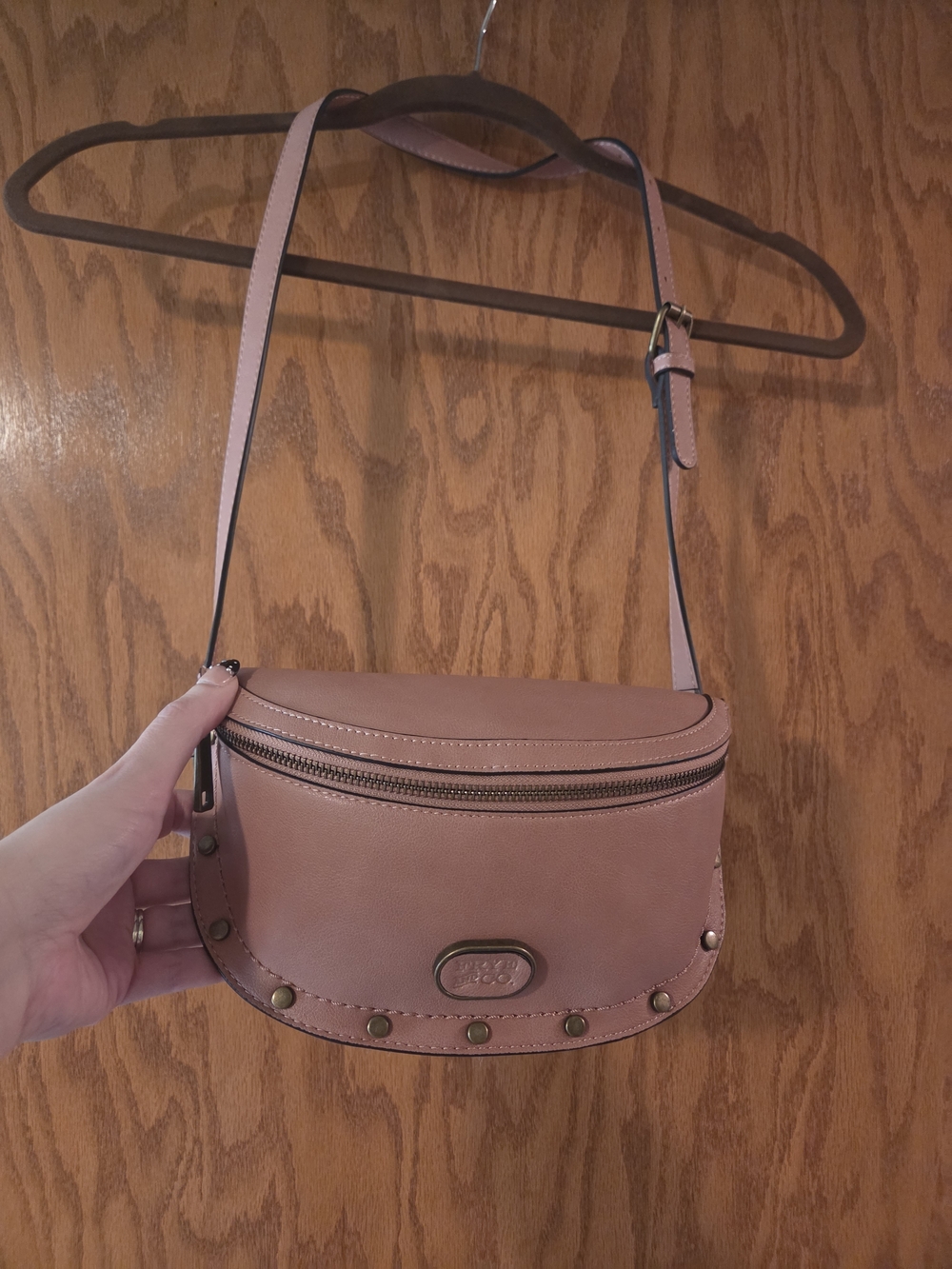 FRYE AND CO. Dusty Rose Leather Crossbody with Stud Trim
